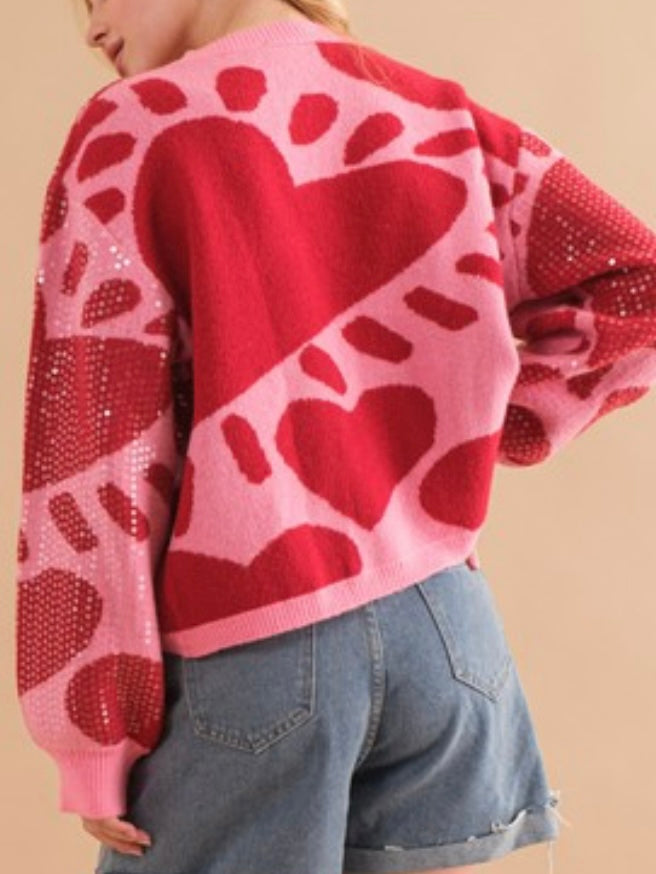 Pink Red Sequin Heart Sweater