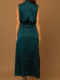 Teal Pleated Neck Midi Dress