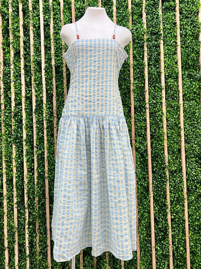 Wood Bead Detail Gingham Midi Dress