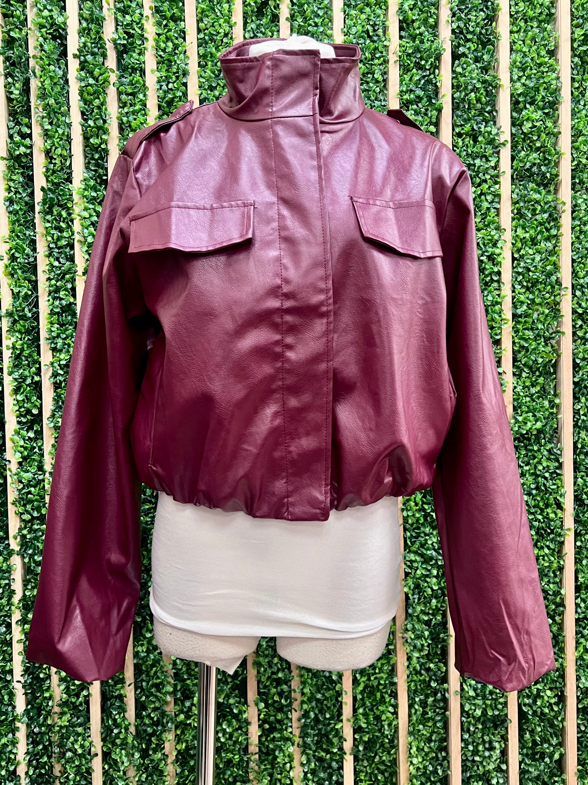 Burgundy Faux Leather Utility Bomber Jacket