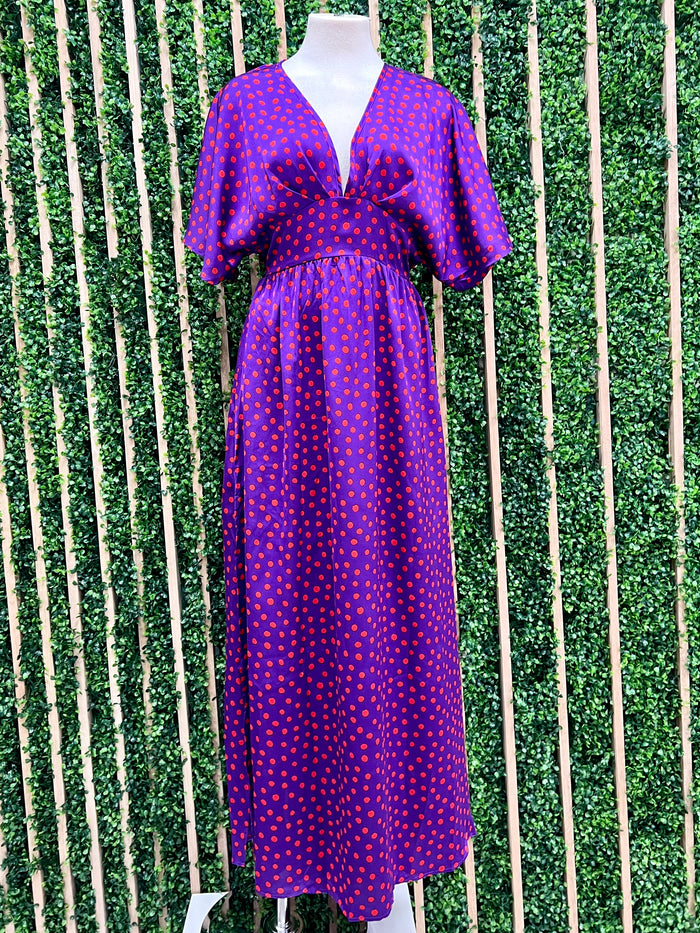 Purple Polka V Neck Maxi Dress