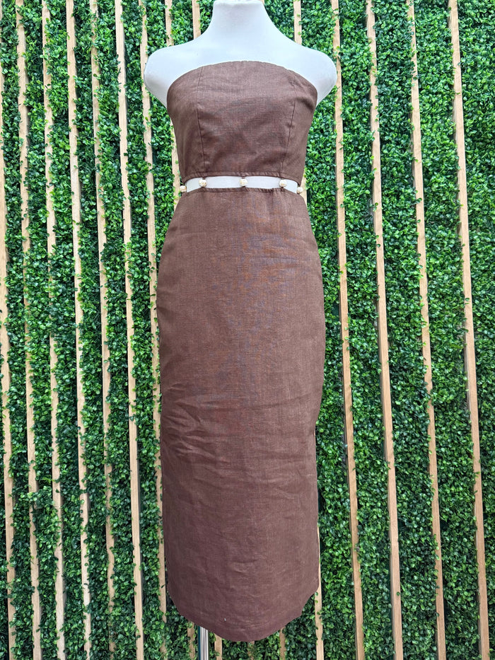 Chocolate Strapless Bead Detail Midi Dress