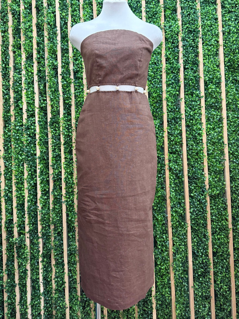 Chocolate Strapless Bead Detail Midi Dress