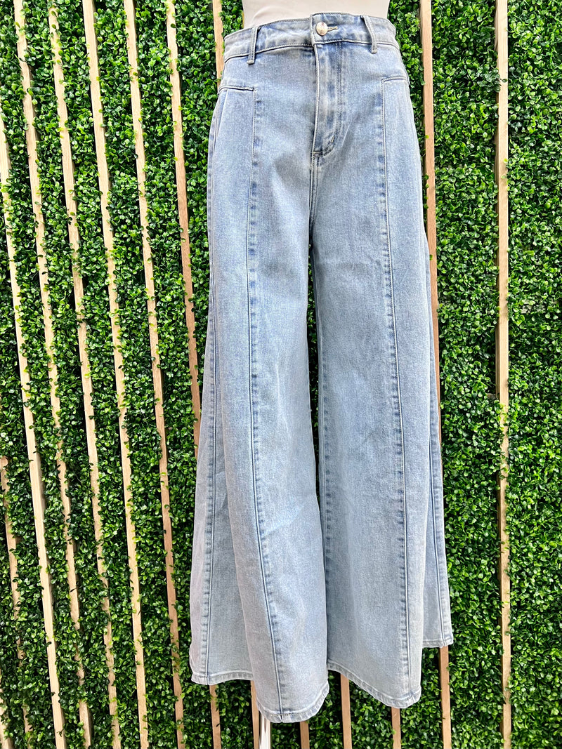High Waist Light Denim Wide Leg Pant