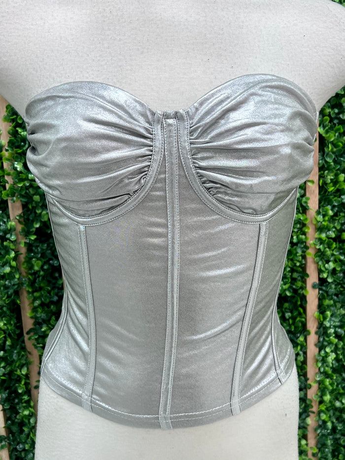 Silver Metallic Strapless Corset Top