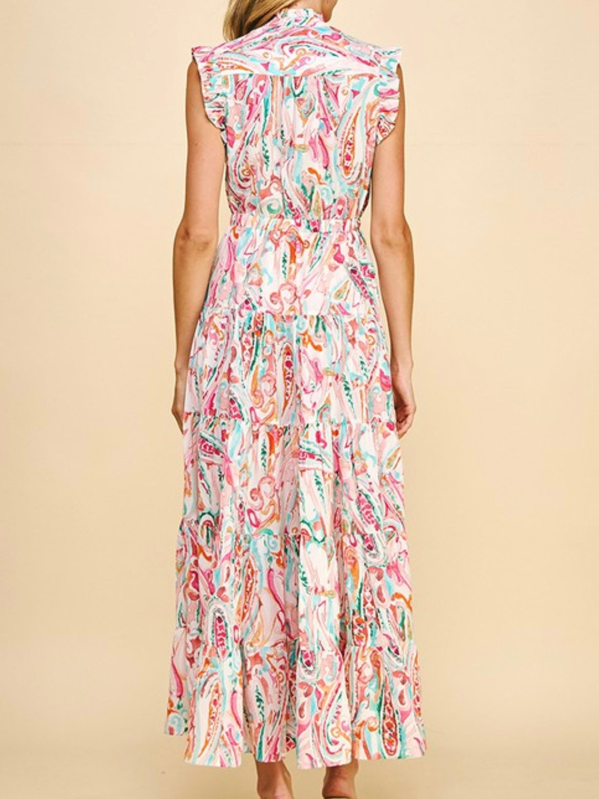 Pink Turquoise Multi Abstract Button Down Maxi Dress