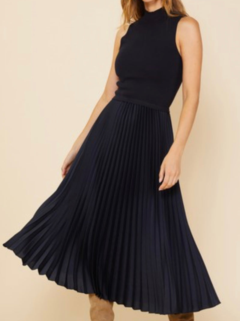 Black Contrast Pleated Skirt Midi Dress