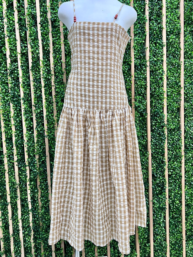 Wood Bead Detail Gingham Midi Dress