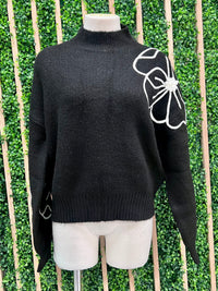 Flower Embroidery Mock Neck Sweater