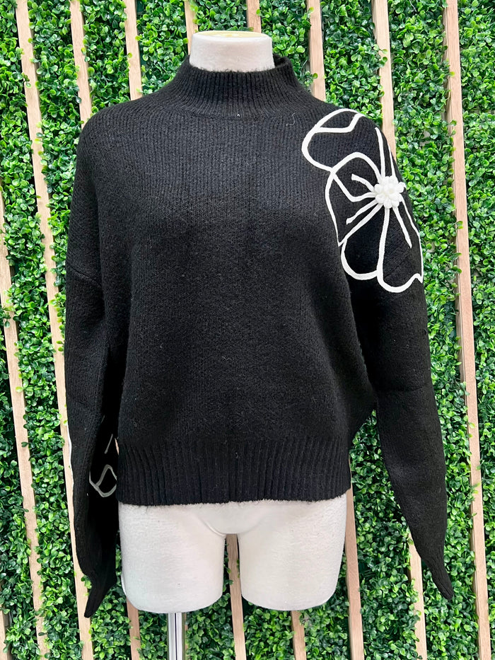 Flower Embroidery Mock Neck Sweater