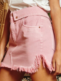 Pink Frayed Mini Denim Skirt