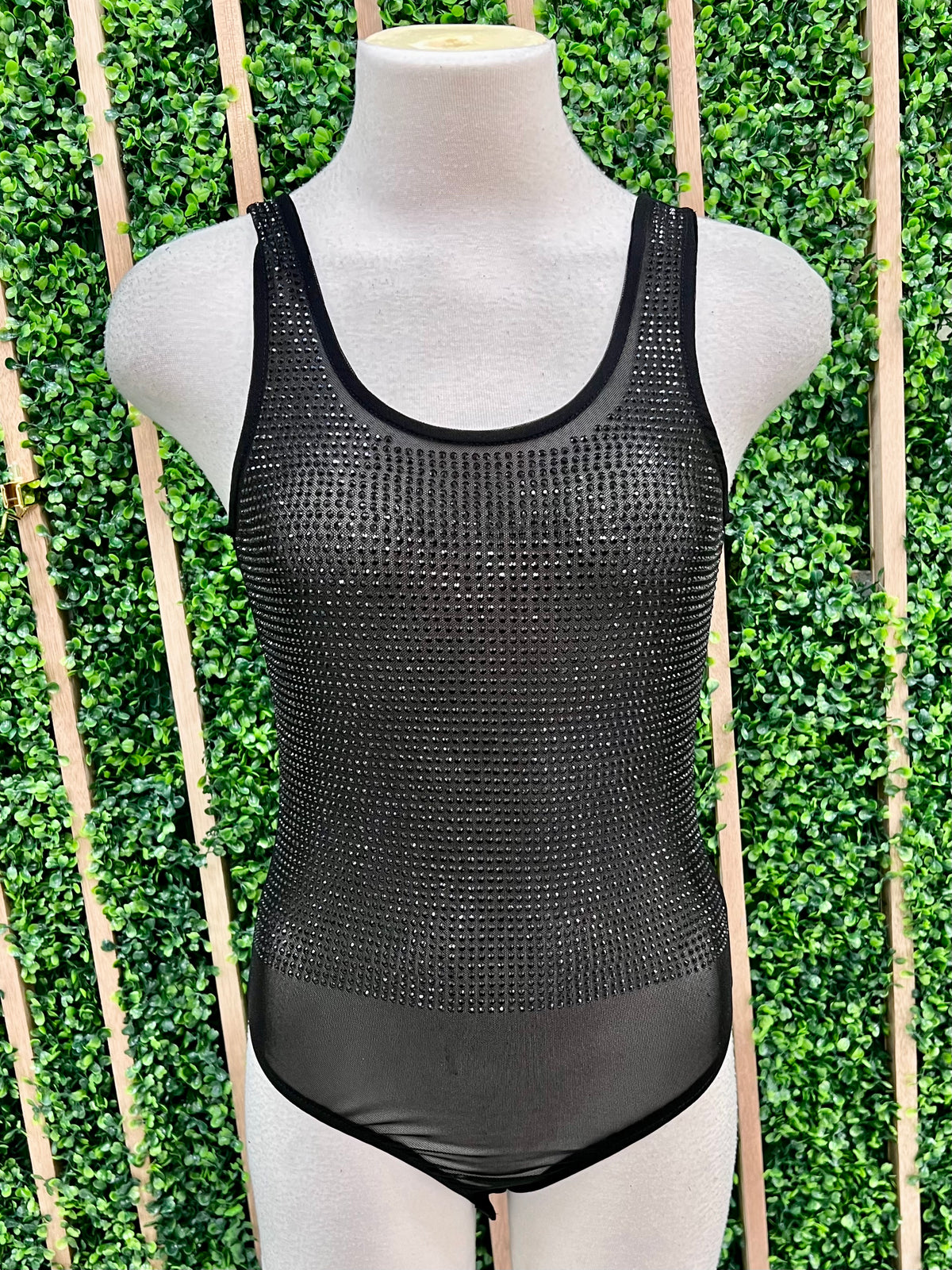 Black Rhinestone Mesh Bodysuit