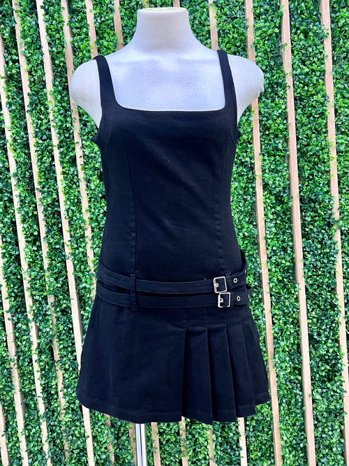 Belt Detail Pleated Twill Short Dress