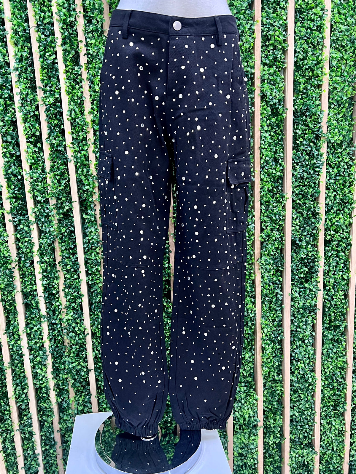 Black Crystal Embellished Denim Jogger