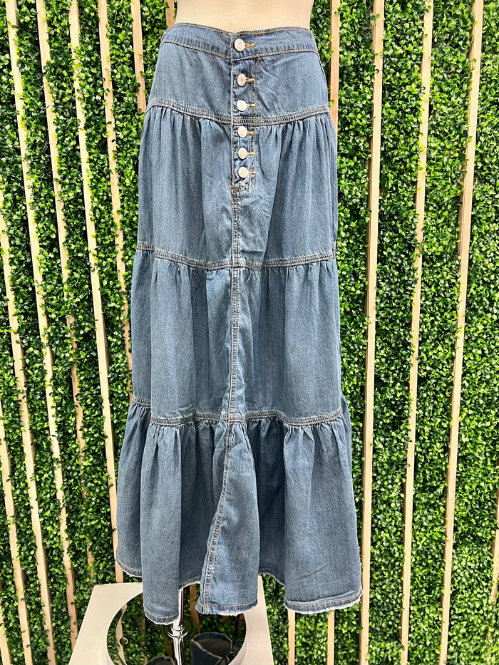 Medium Denim Tiered Maxi Skirt