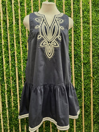 Navy Ivory Embroidered Dropwaist Short Dress