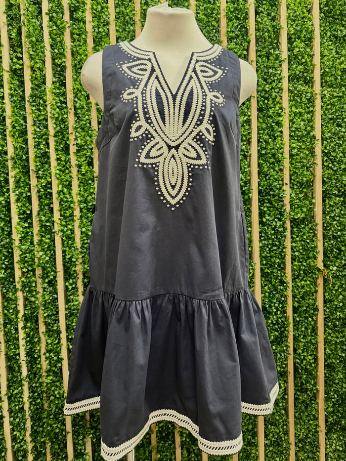 Navy Ivory Embroidered Dropwaist Short Dress