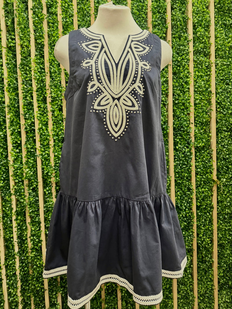 Navy Ivory Embroidered Dropwaist Short Dress