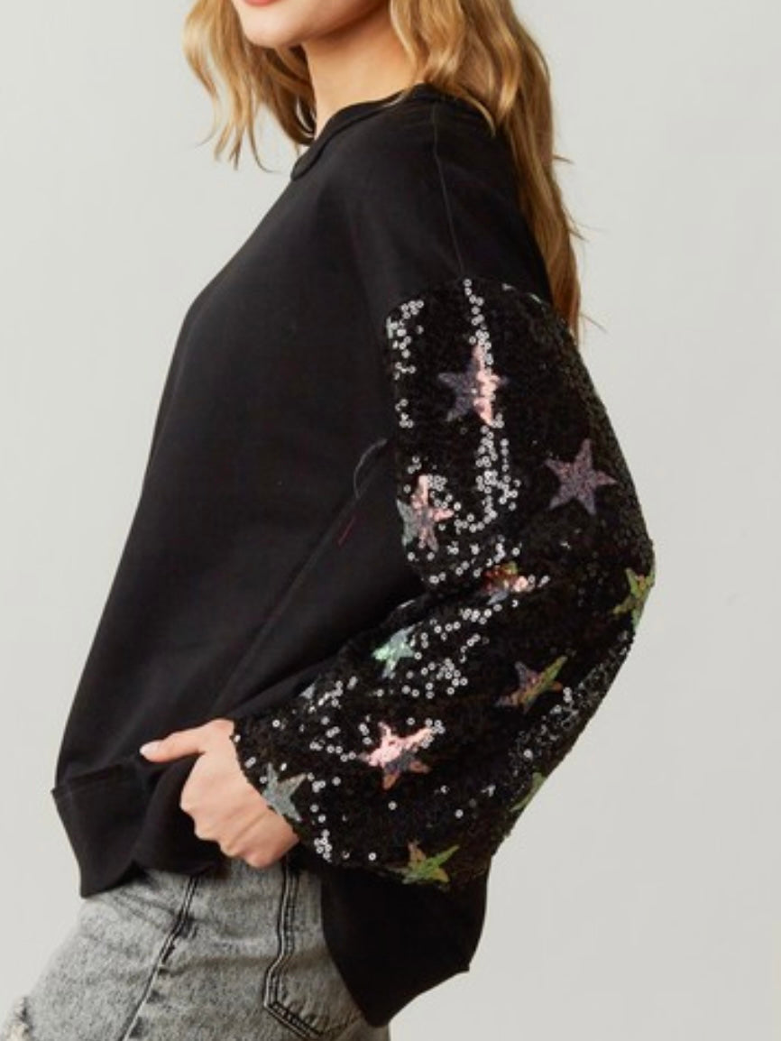 Black Sequin Star Sleeves Sweater