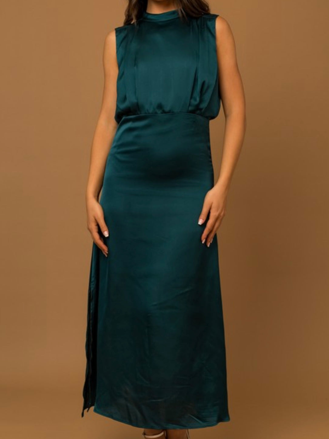 Teal Pleated Neck Midi Dress