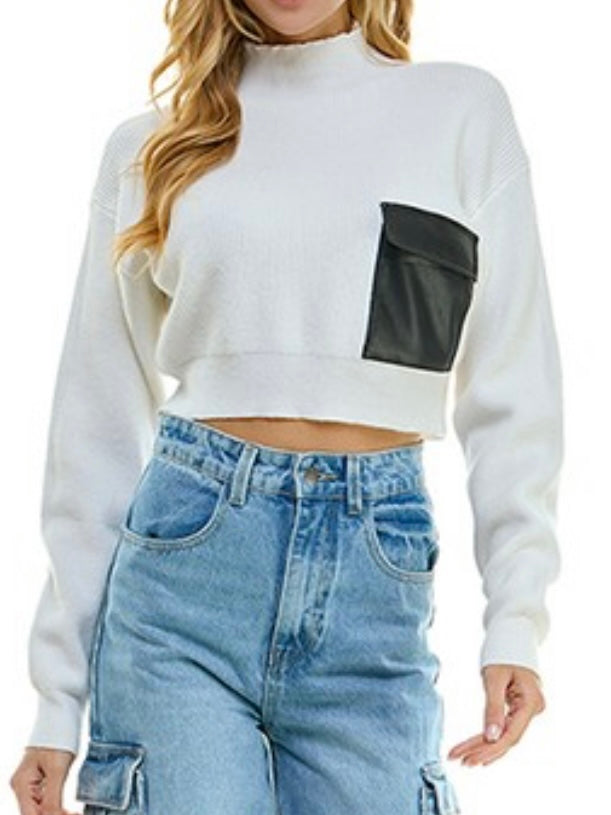 Pleather Pocket Crop Sweater