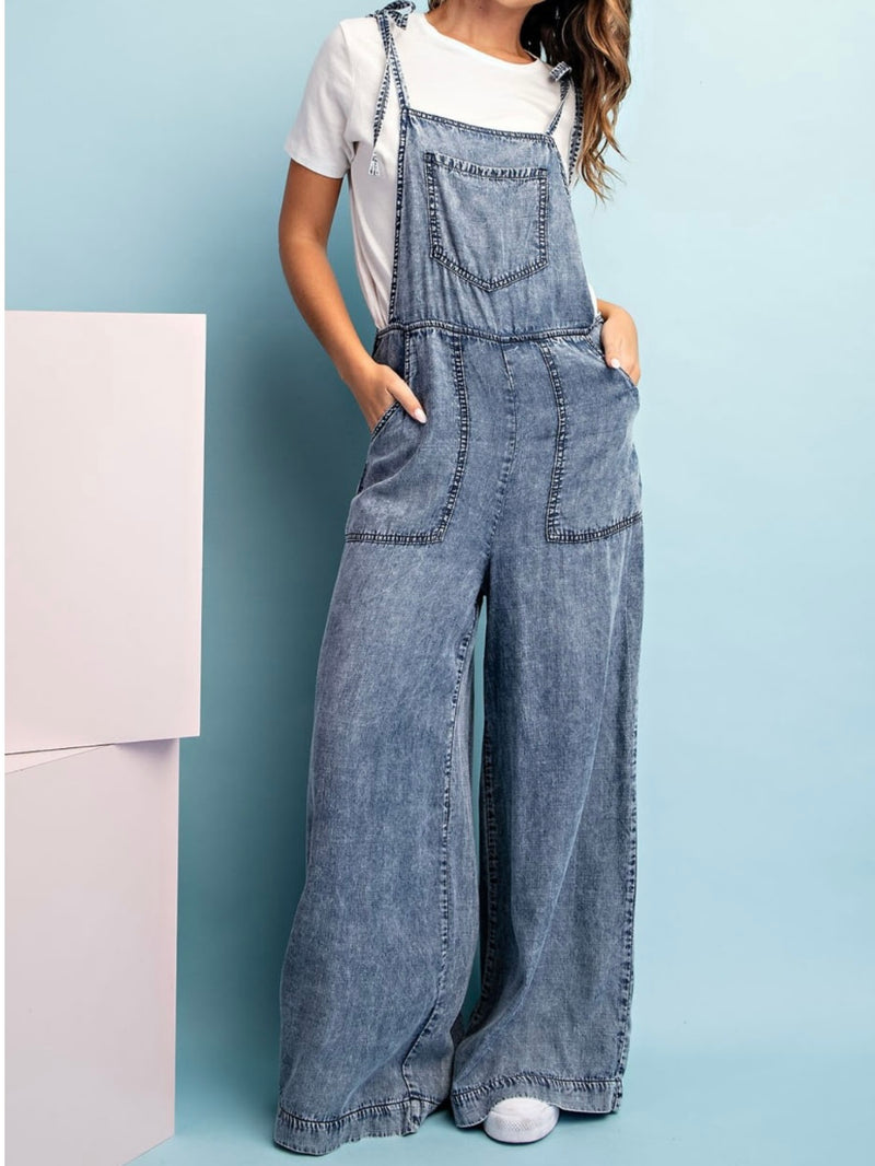 Pocket Detail Washed Denim Loose Fit Jumpsuit