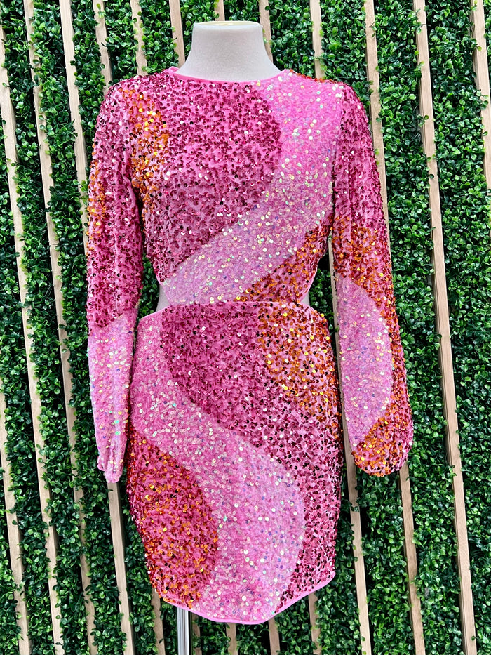 Pink multi Sequin Open Back Short Dress