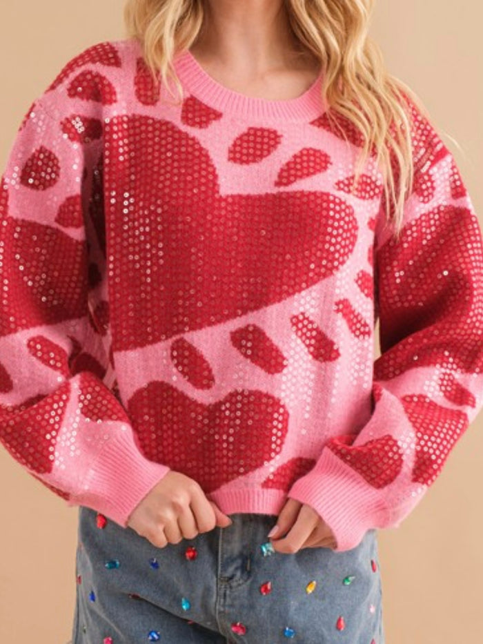 Pink Red Sequin Heart Sweater