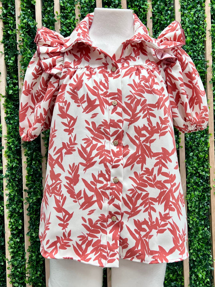 Marsala Leaf Print Short Sleeve Blouse