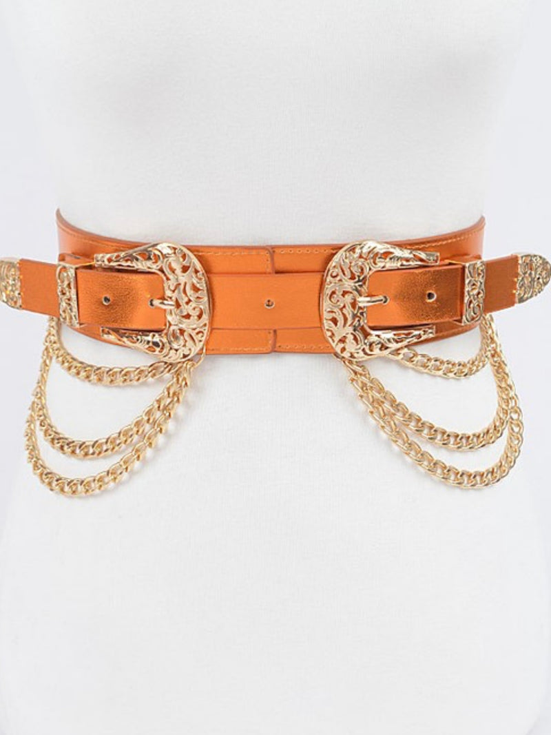Metallic Double Buckle Chain Belt