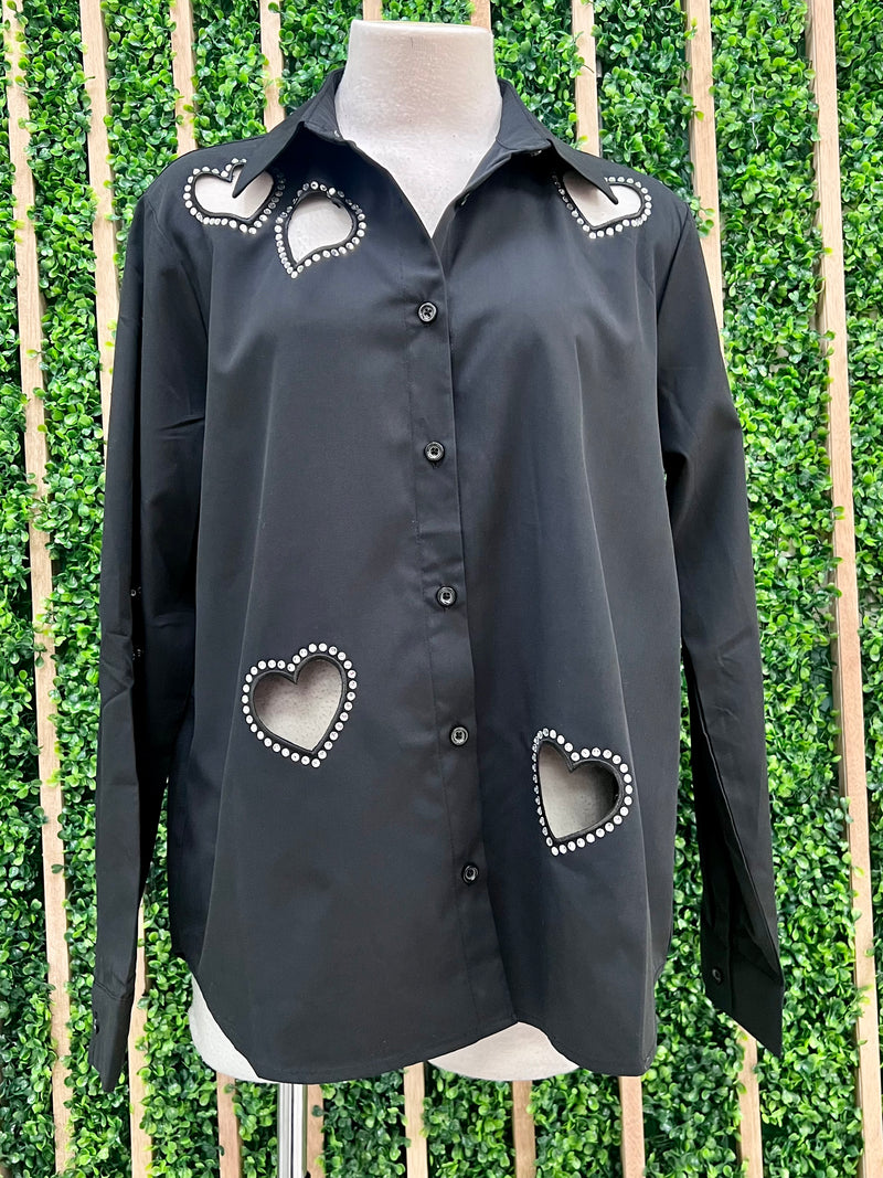 Black Cutout Heart Button Down Blouse