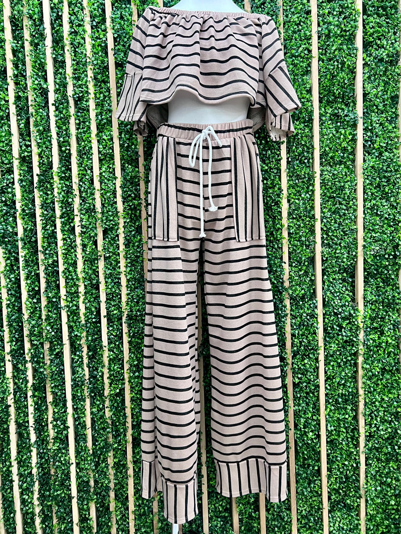 Taupe Black Stripe Off Shoulder Pant Set