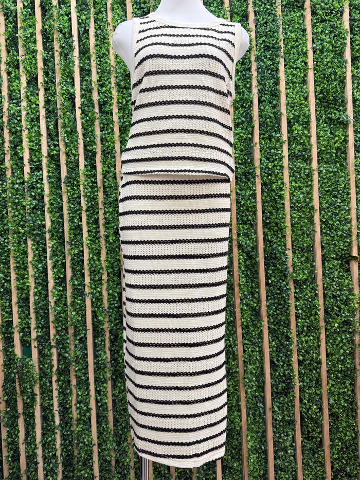 Ivory Black Striped Crochet Skirt Set