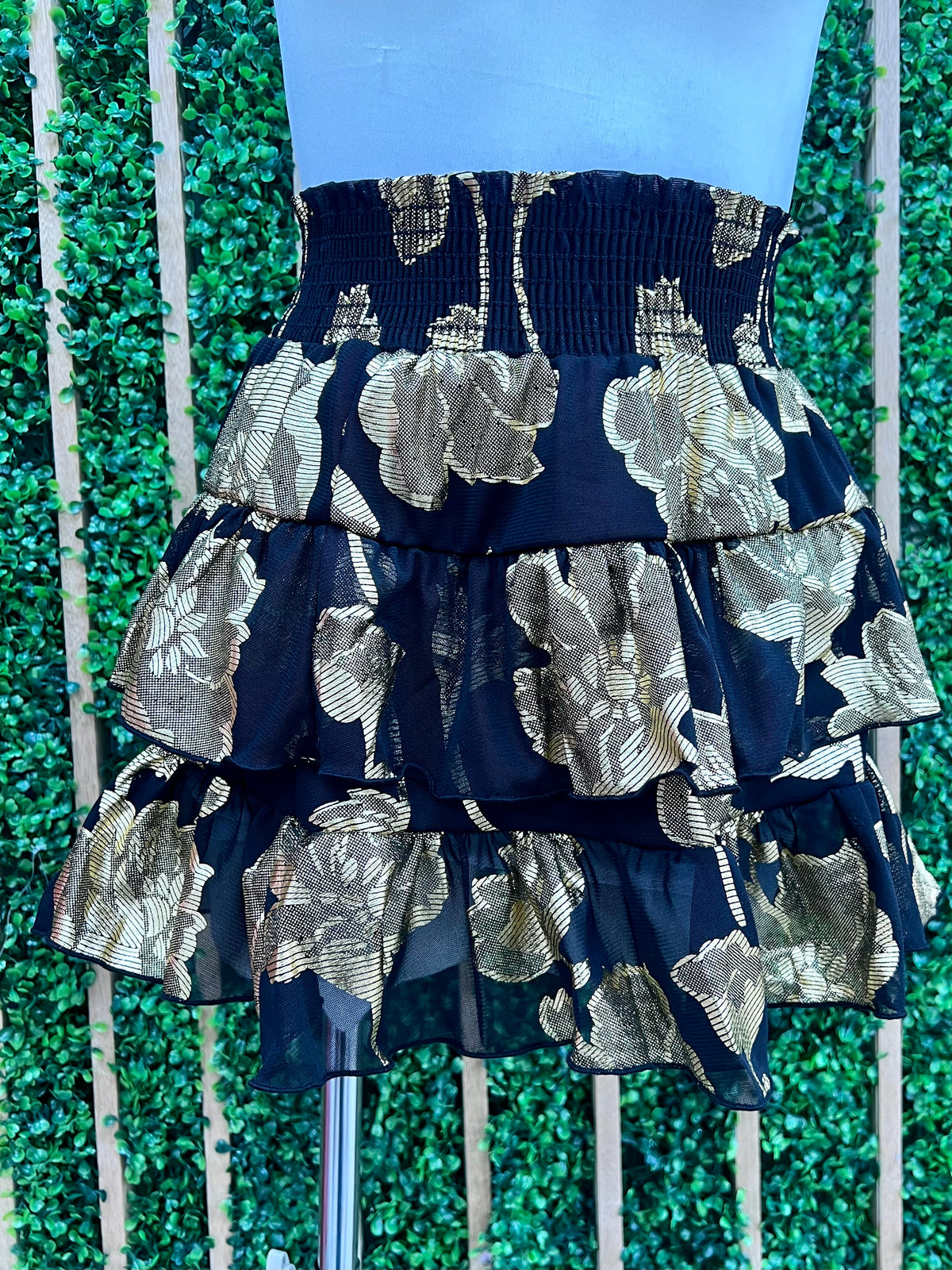 Black Gold Floral Smocked Short Skirt