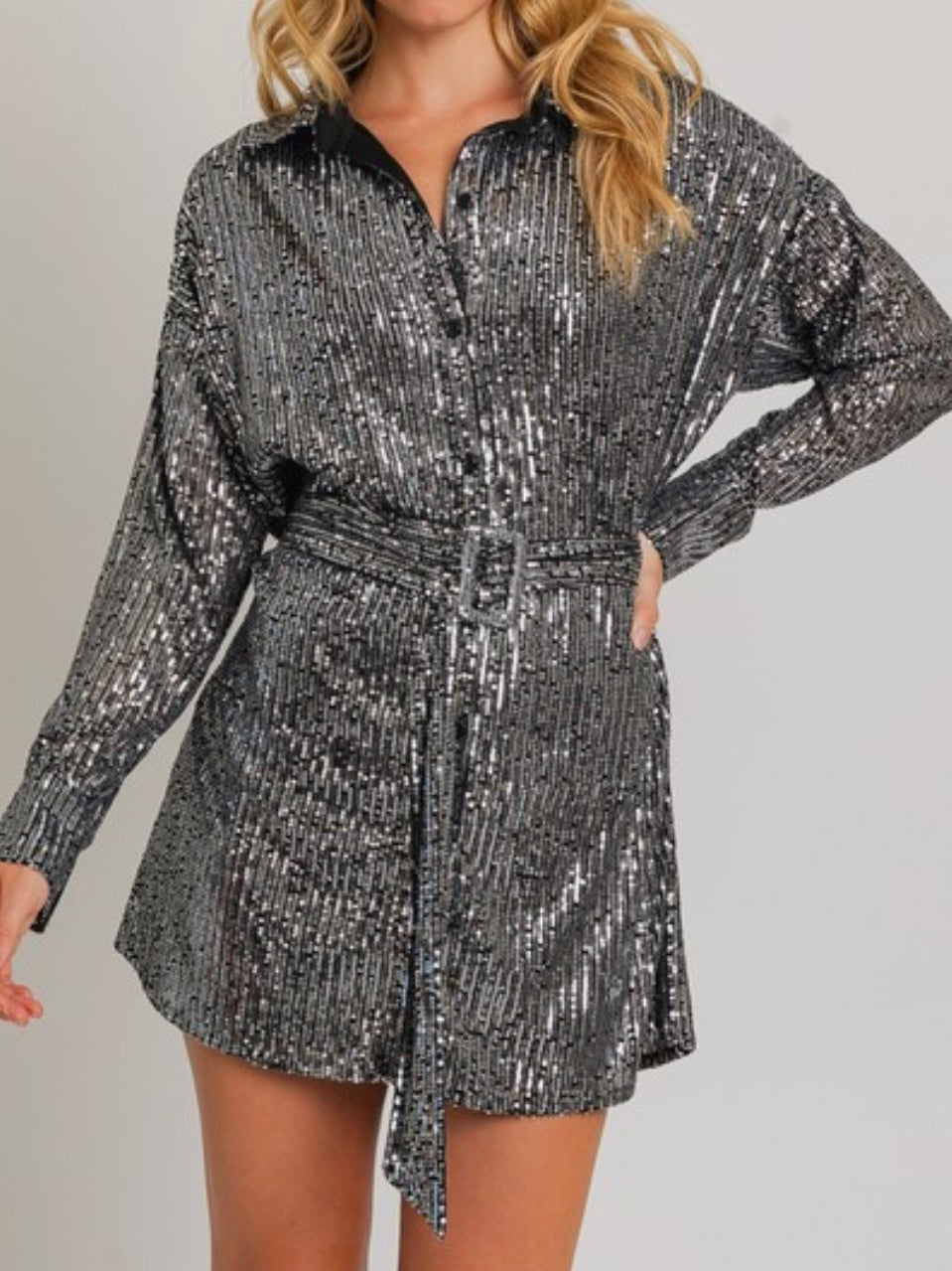 Black Silver Sequin Blouse Dress