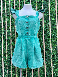 Green Acid Wash Ruffled Romper