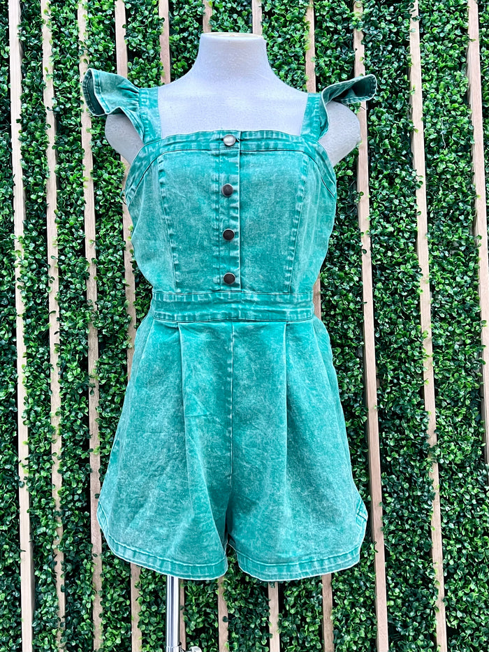 Green Acid Wash Ruffled Romper