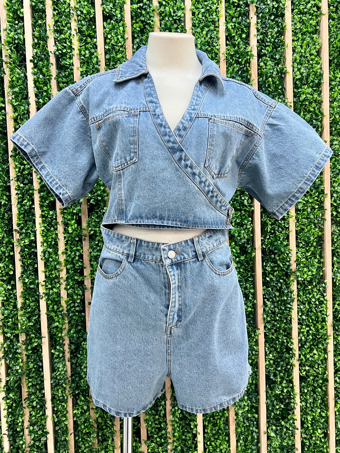 Cutout Wrap Denim Romper