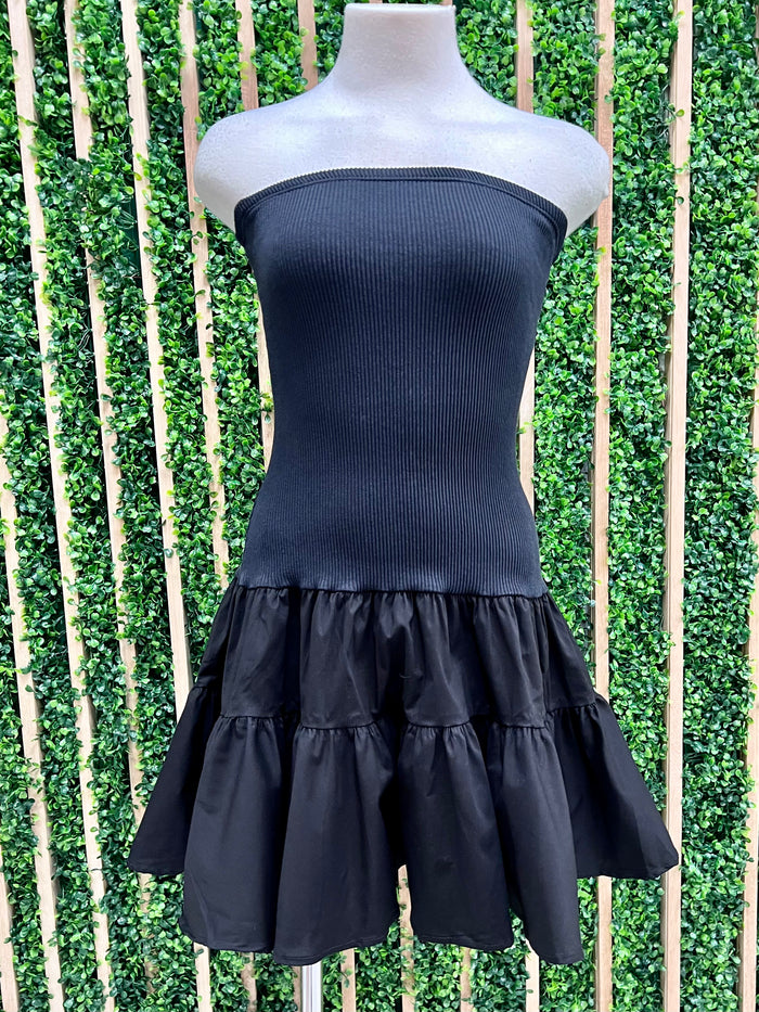 Black Strapless Rib Tube Top Short Dress