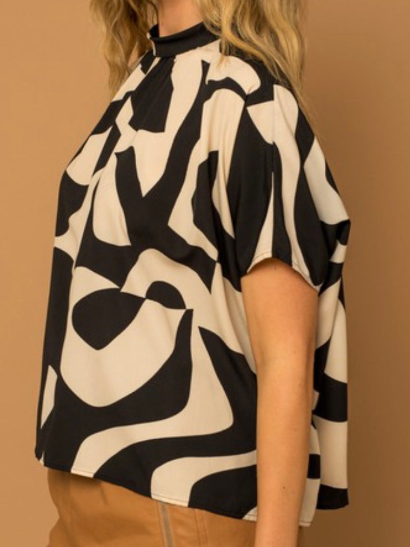 Black Taupe Print Mock Neck Blouse