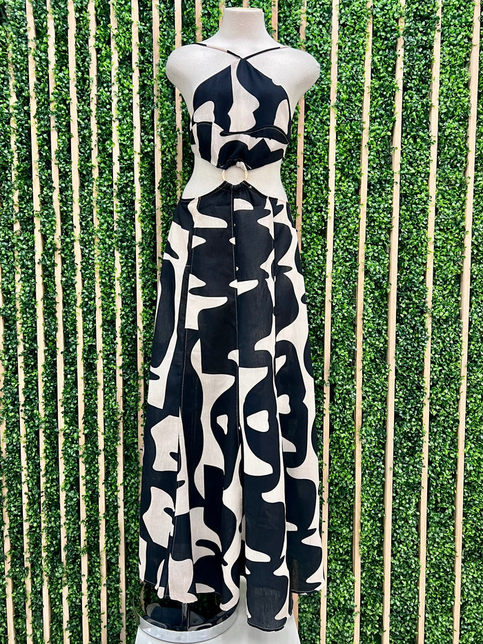 WHite Black Linen Geo Cutout Maxi Dress