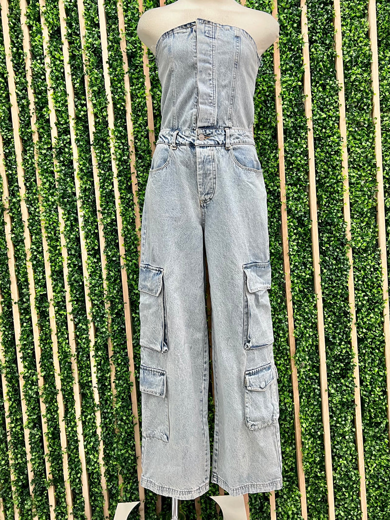 Exquisite Strapless Denim Cargo Jumpsuit