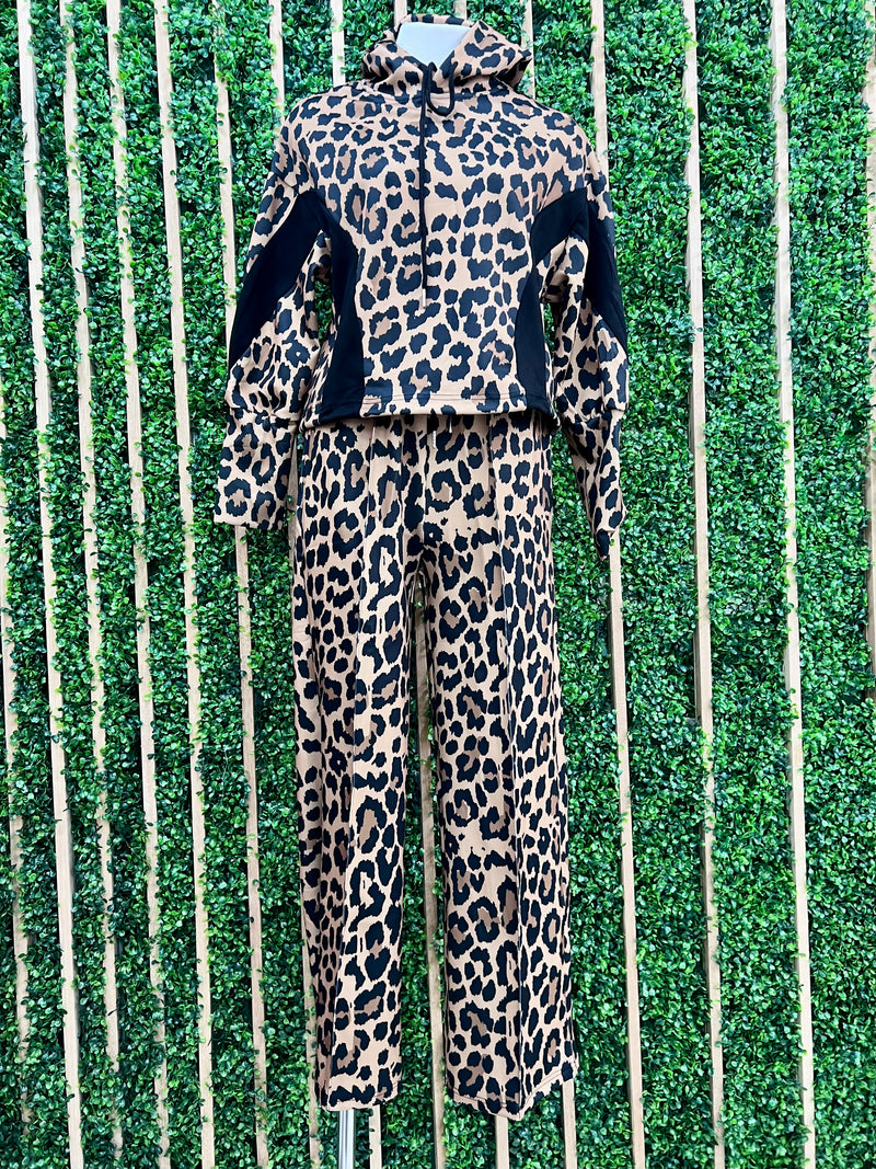 Wide Leg Brown Leopard Jogger Set