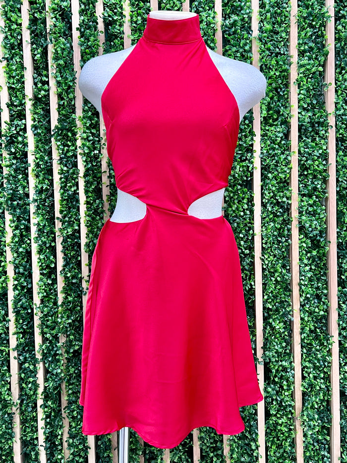 Red Satin Cutout Short Dress