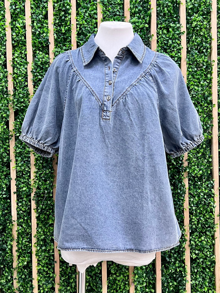 Denim Short Sleeve Collared Top