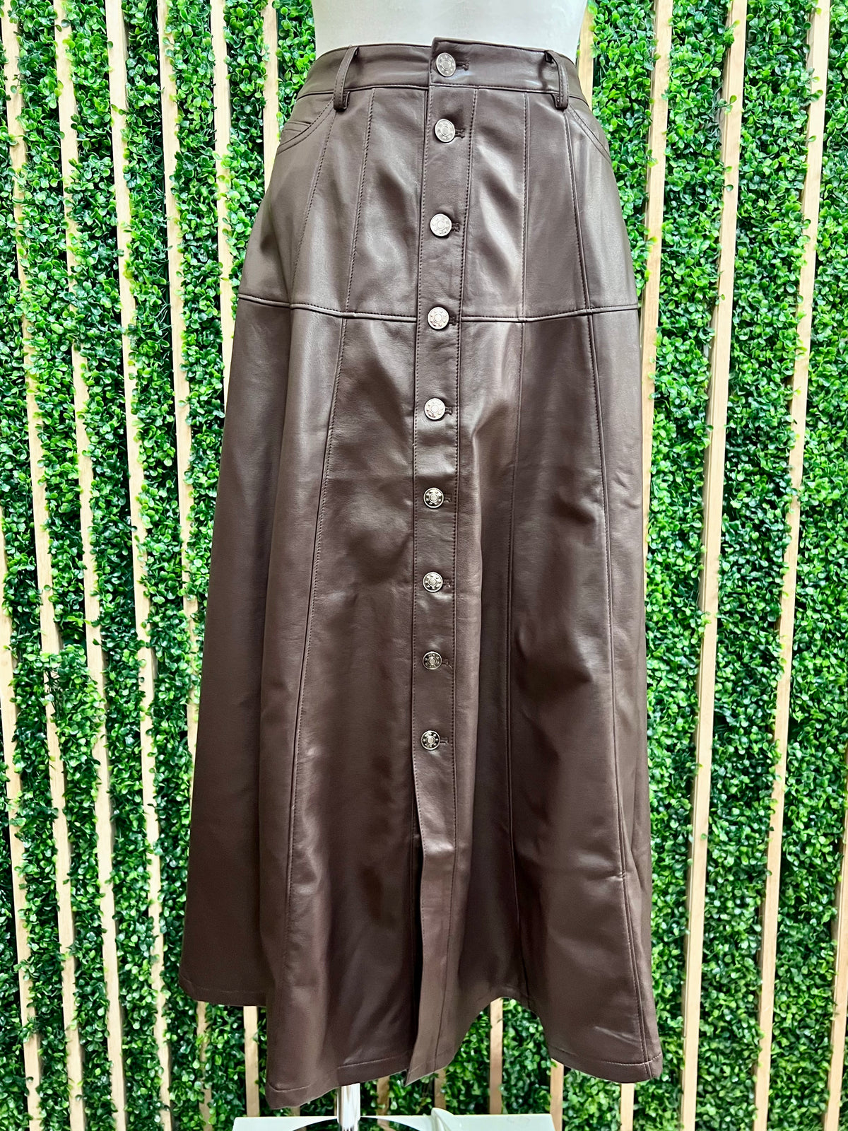 Chocolate Faux Leather Button-Front Midi Skirt
