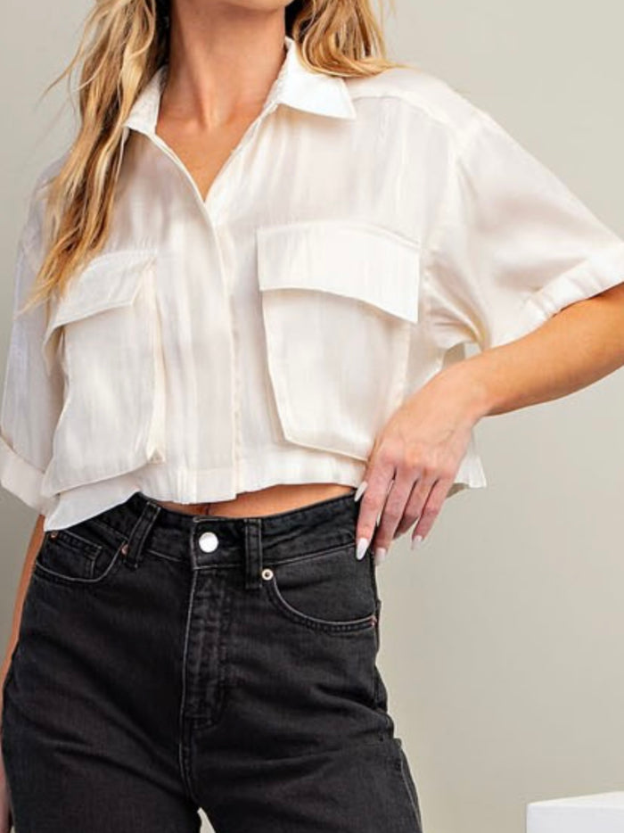 Cream Pocket Detail Crop blouse