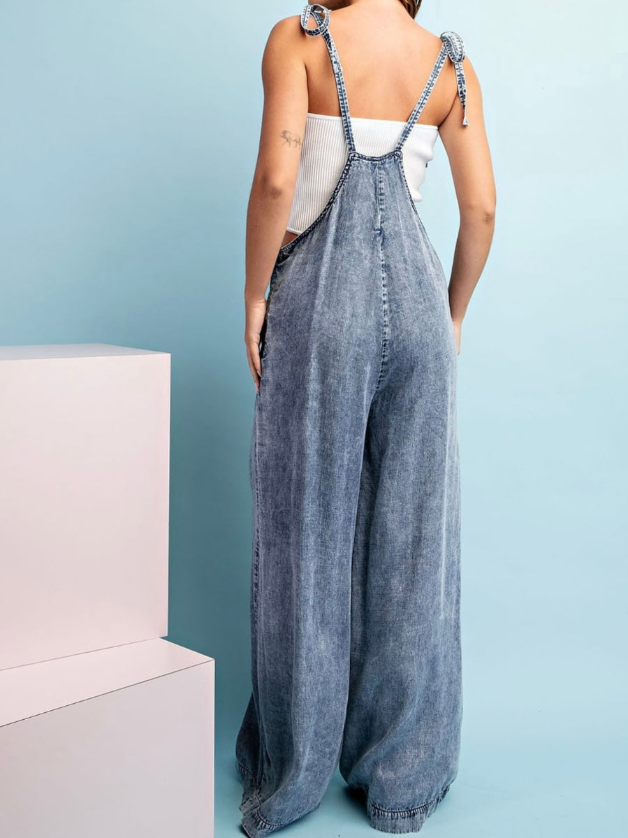 Pocket Detail Washed Denim Loose Fit Jumpsuit