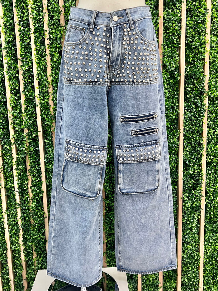 Medium Denim Studded Cargo Pant