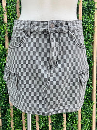 Black Denim Checker Cargo Skirt